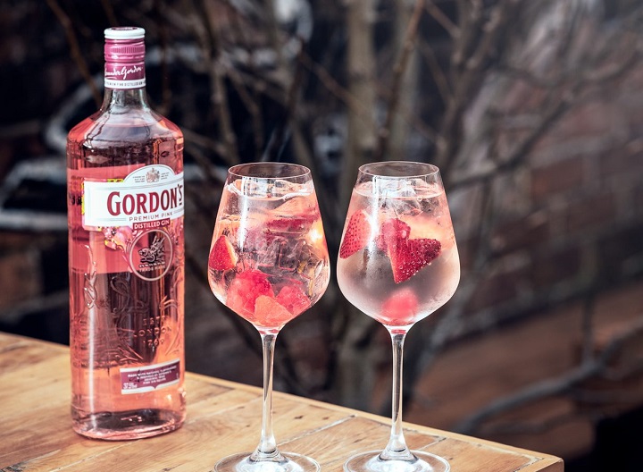 two glasses and bottle with pink gin