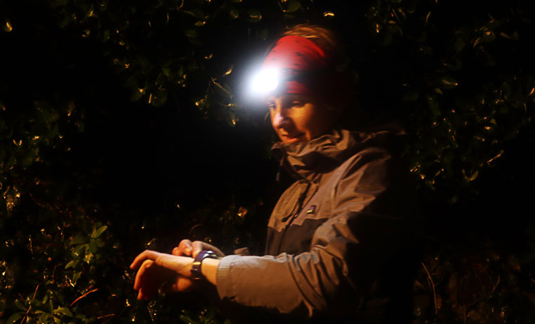 Woman wearing headlamp for running
