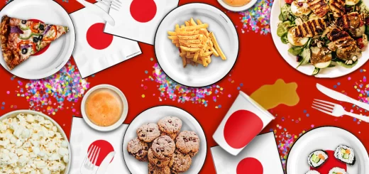 table with food and drinks and japan flag all over the table