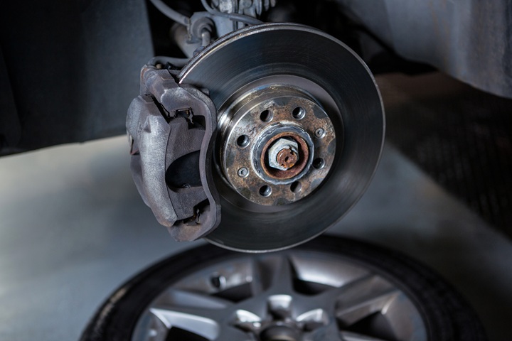 brake rotor and brake pads up close